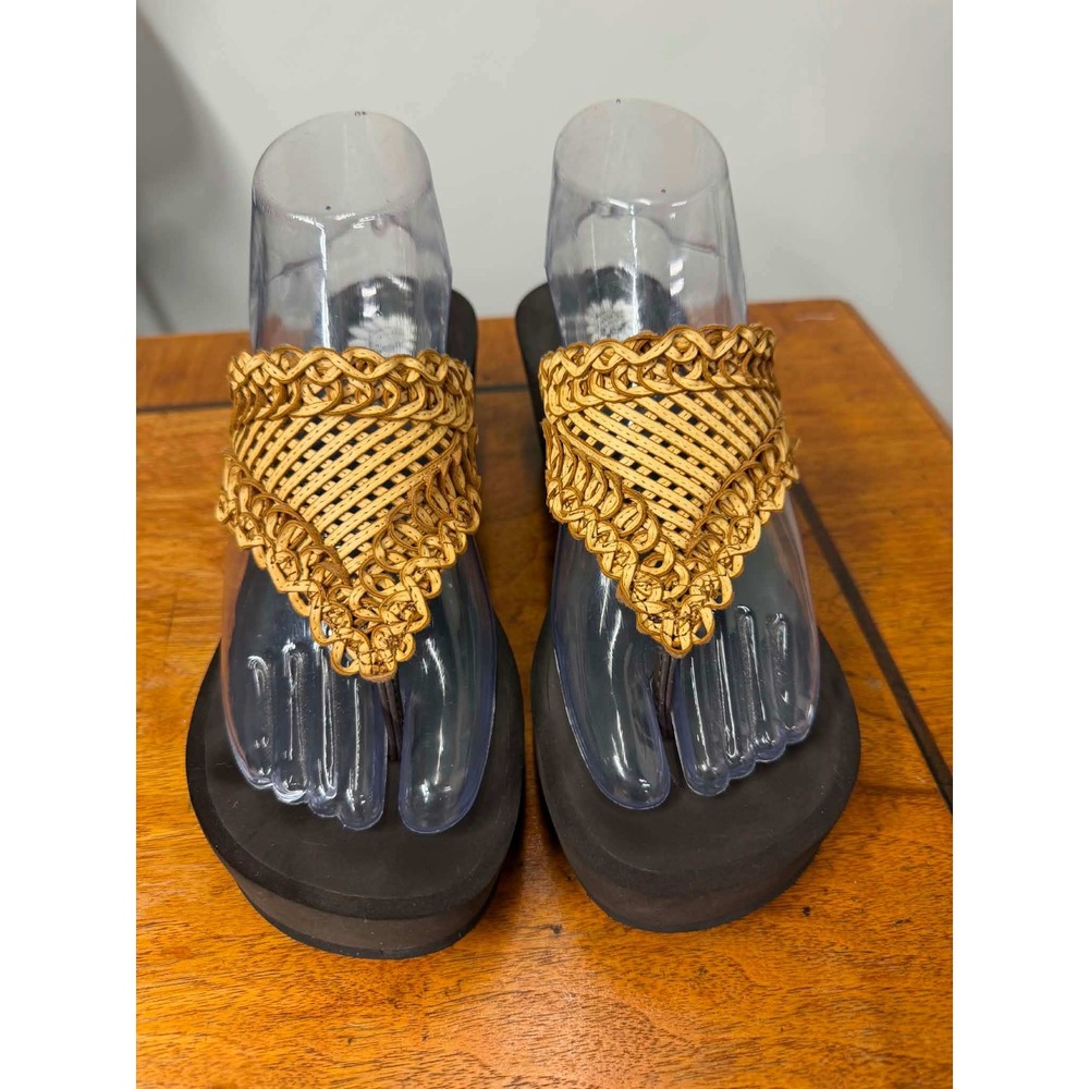 Yellow Box Womens 8 Woven Straw Platform Wedge Thong Sandals Tan Black Boho